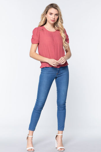 Short Shirring Slv Pleated Woven Top - Deals Kiosk