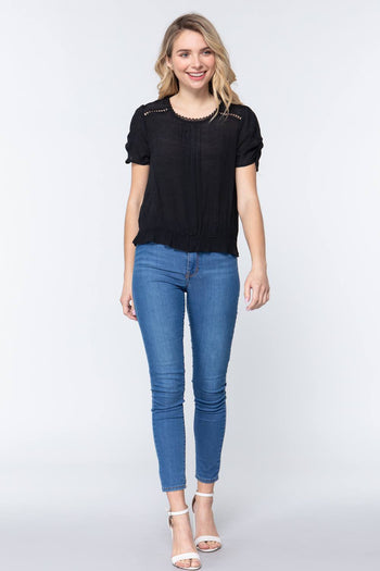 Short Shirring Slv Pleated Woven Top - Deals Kiosk