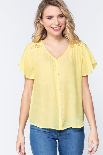 Short Ruffle Slv V-neck Woven Top - Deals Kiosk