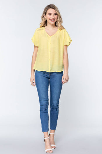 Short Ruffle Slv V-neck Woven Top - Deals Kiosk