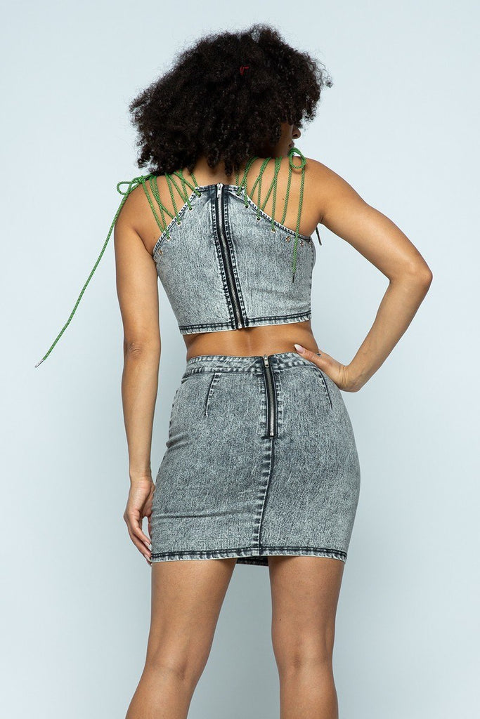 Stretchable Denim Cropped Top/stretchable Denim High-waist Skirt Set - Deals Kiosk