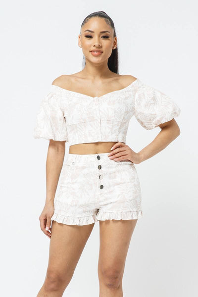 Cotton Off-shoulder Puff Sleeve Crop Top With Front Zipped Matching Shorts Set - Deals Kiosk