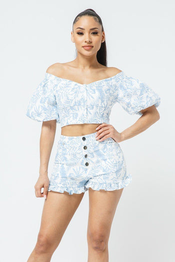 Cotton Off-shoulder Puff Sleeve Crop Top With Front Zipped Matching Shorts Set - Deals Kiosk