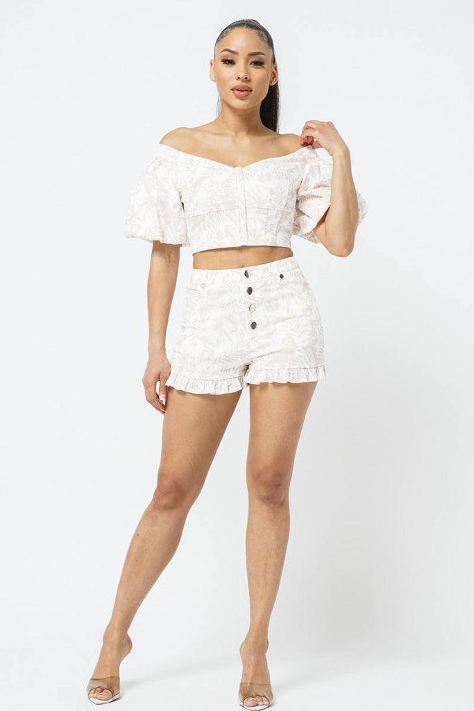 Cotton Off-shoulder Puff Sleeve Crop Top With Front Zipped Matching Shorts Set - Deals Kiosk