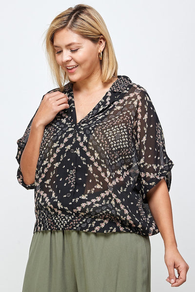 Floral Scarf Printed Button-up Blouse - Deals Kiosk