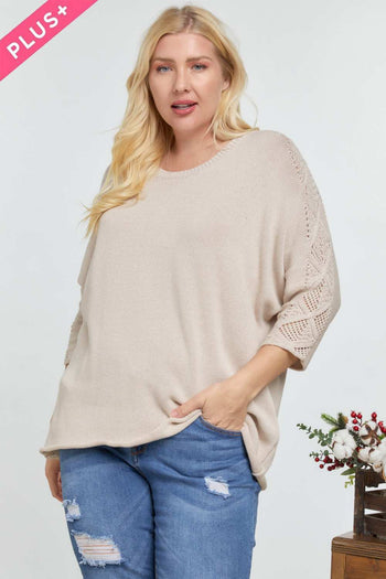 Solid Round Neck 3/4 Sleeve Sweater Top - Deals Kiosk
