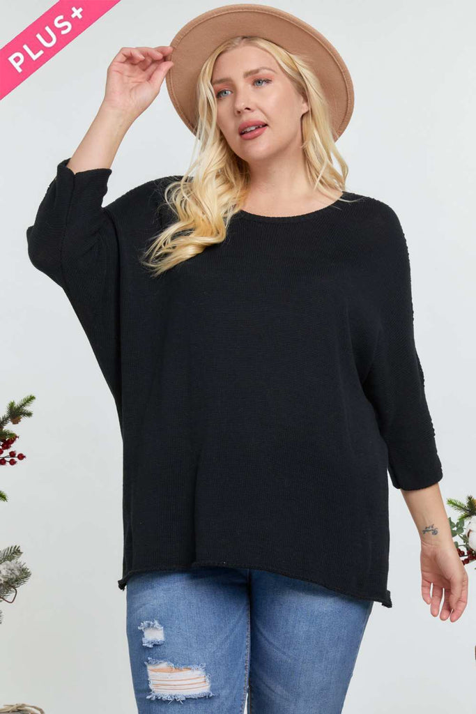 Solid Round Neck 3/4 Sleeve Sweater Top - Deals Kiosk
