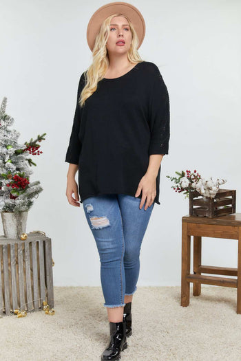 Solid Round Neck 3/4 Sleeve Sweater Top - Deals Kiosk