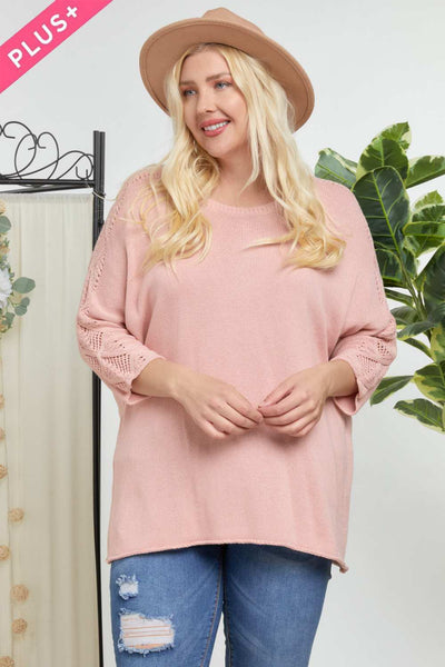 Solid Round Neck 3/4 Sleeve Sweater Top - Deals Kiosk