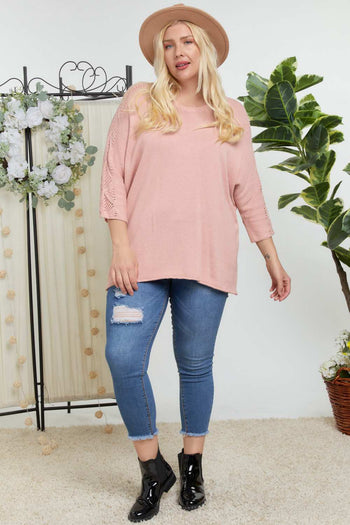 Solid Round Neck 3/4 Sleeve Sweater Top - Deals Kiosk