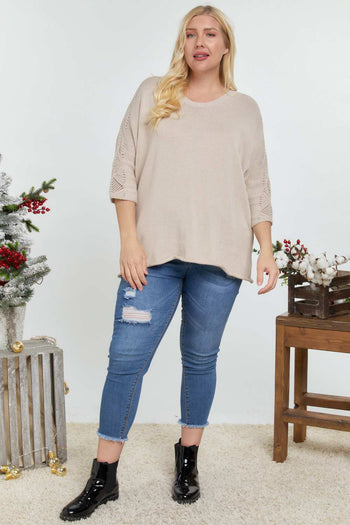 Solid Round Neck 3/4 Sleeve Sweater Top - Deals Kiosk