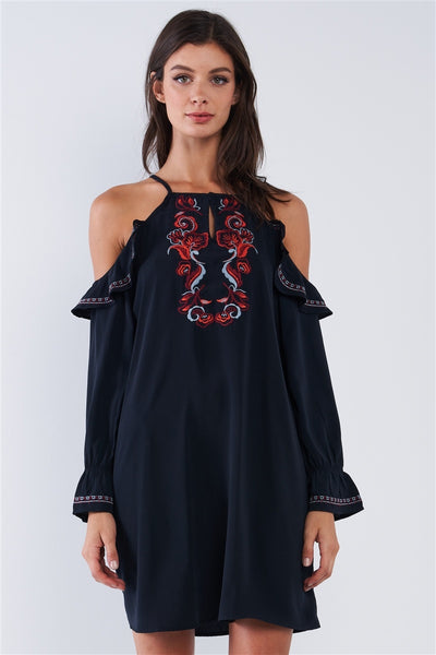 Black Boho Multicolor Traditional Slavic Inspired Floral Embroidery Loose Fit Ruffle Off-the-shoulder Long Sleeve Mini Dress - Deals Kiosk