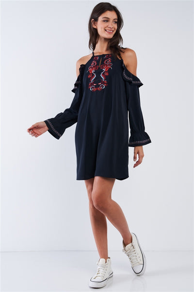 Black Boho Multicolor Traditional Slavic Inspired Floral Embroidery Loose Fit Ruffle Off-the-shoulder Long Sleeve Mini Dress - Deals Kiosk