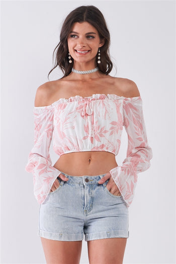 Leaf Print Off-the-shoulder Long Flounce Sleeve Self-tie Front Cropped Top - Deals Kiosk