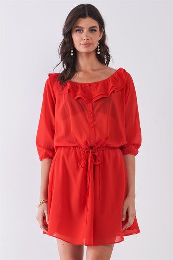 Flame Red Boat Neck Ruffle Collar Midi Sleeve Self-tie Waist Front Button Down Mini Dress - Deals Kiosk