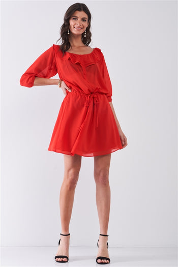 Flame Red Boat Neck Ruffle Collar Midi Sleeve Self-tie Waist Front Button Down Mini Dress - Deals Kiosk