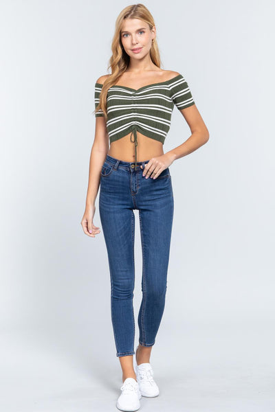 Off Shoulder Stripe Rib Sweater Top - Deals Kiosk