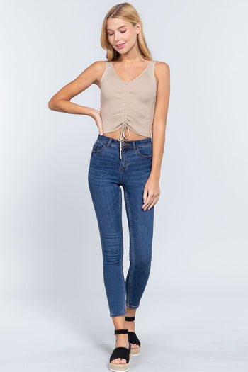 Slvless Shirring Tie Rib Sweater Top - Deals Kiosk