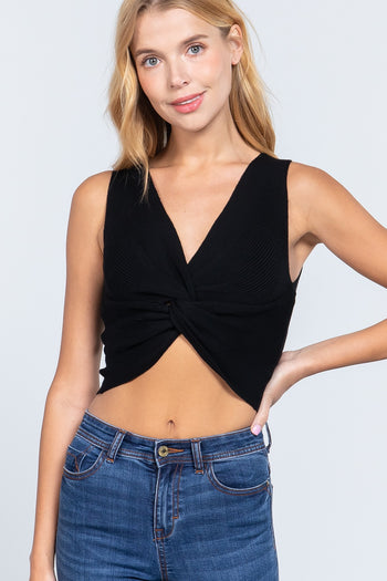 Sleeveless V-neck Twist Knot Knit Top - Deals Kiosk