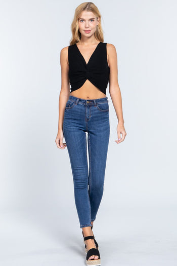 Sleeveless V-neck Twist Knot Knit Top - Deals Kiosk