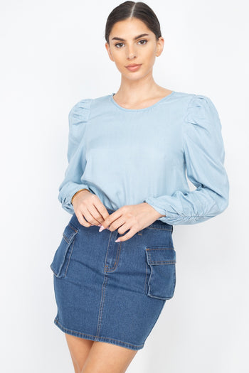 Shirring Puff Sleeves Denim Top - Deals Kiosk