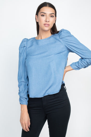 Shirring Puff Sleeves Denim Top - Deals Kiosk