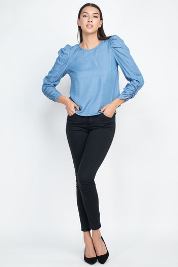 Shirring Puff Sleeves Denim Top - Deals Kiosk