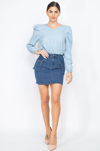 Shirring Puff Sleeves Denim Top - Deals Kiosk