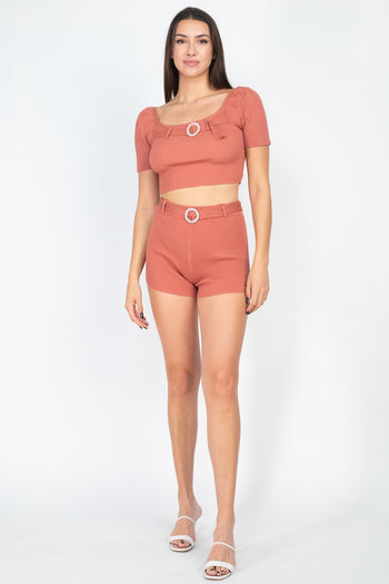 Scoop Neck Crop Top And Ribbed Shorts - Deals Kiosk