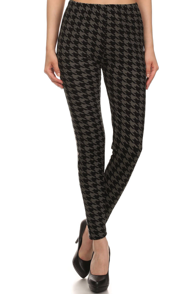 High Waisted Hound Tooth Printed Knit Legging With Elastic Waistband - Deals Kiosk