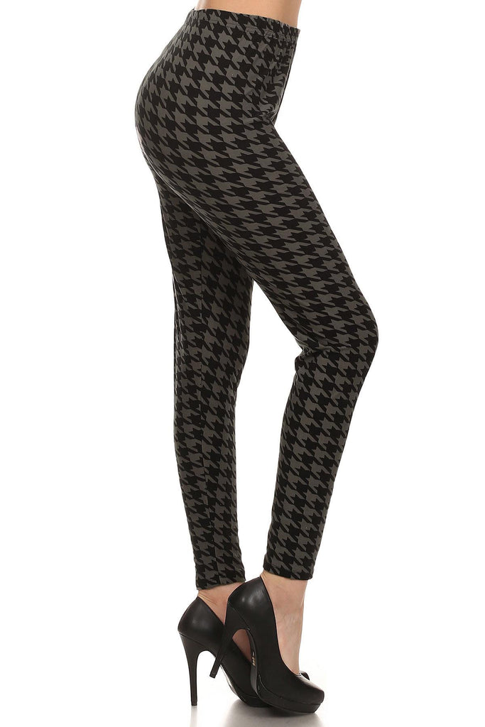 High Waisted Hound Tooth Printed Knit Legging With Elastic Waistband - Deals Kiosk