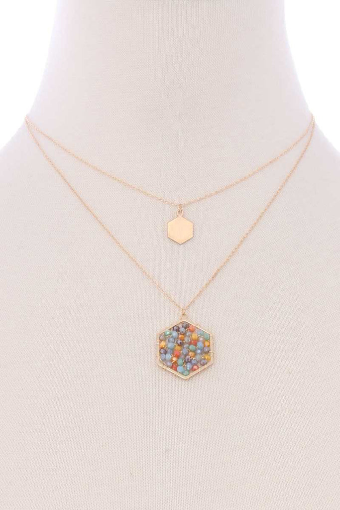 2 Layered Geometric Glass Bead Pendant Necklace - Deals Kiosk