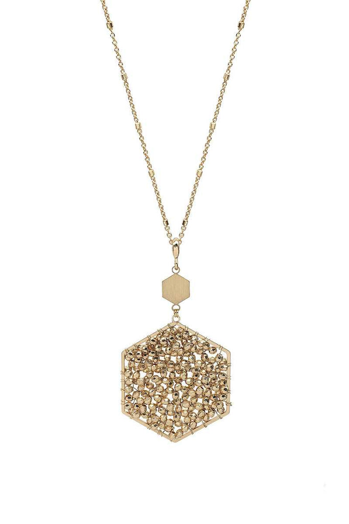 Fashion Glass Bead Hexagon Pendant Long Necklace - Deals Kiosk
