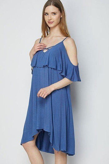 Solid Strappy Detail Cold Shoulder Ruffle Dress - Deals Kiosk