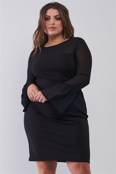 Plus Size Classy Black Round Neck Flared Sheer Mesh Sleeve Detail Structured Tight Mini Dress - Deals Kiosk