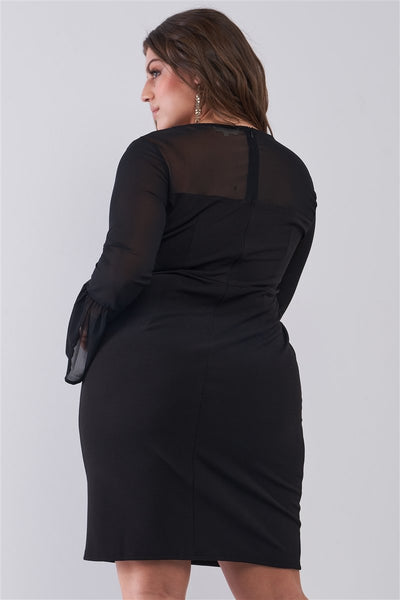 Plus Size Classy Black Round Neck Flared Sheer Mesh Sleeve Detail Structured Tight Mini Dress - Deals Kiosk