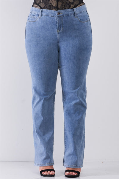 Plus Mid-wash Blue Denim Low-rise Wide-leg Upsized Basic Dad Jeans - Deals Kiosk