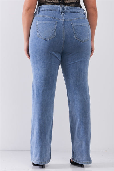 Plus Mid-wash Blue Denim Low-rise Wide-leg Upsized Basic Dad Jeans - Deals Kiosk