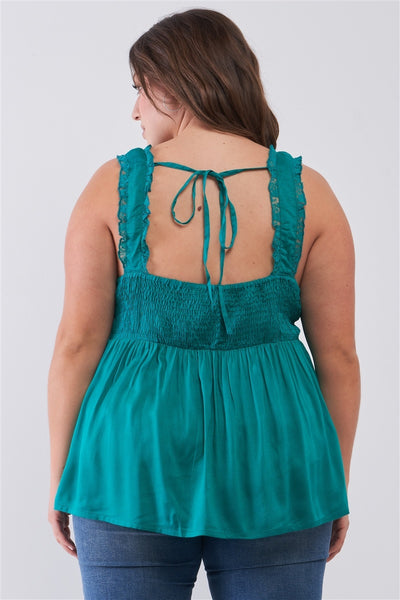 Plus Lace Trim Sleeveless Gathered Front With Self-tie Drawstring Top - Deals Kiosk