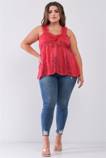 Plus Lace Trim Sleeveless Gathered Front With Self-tie Drawstring Top - Deals Kiosk