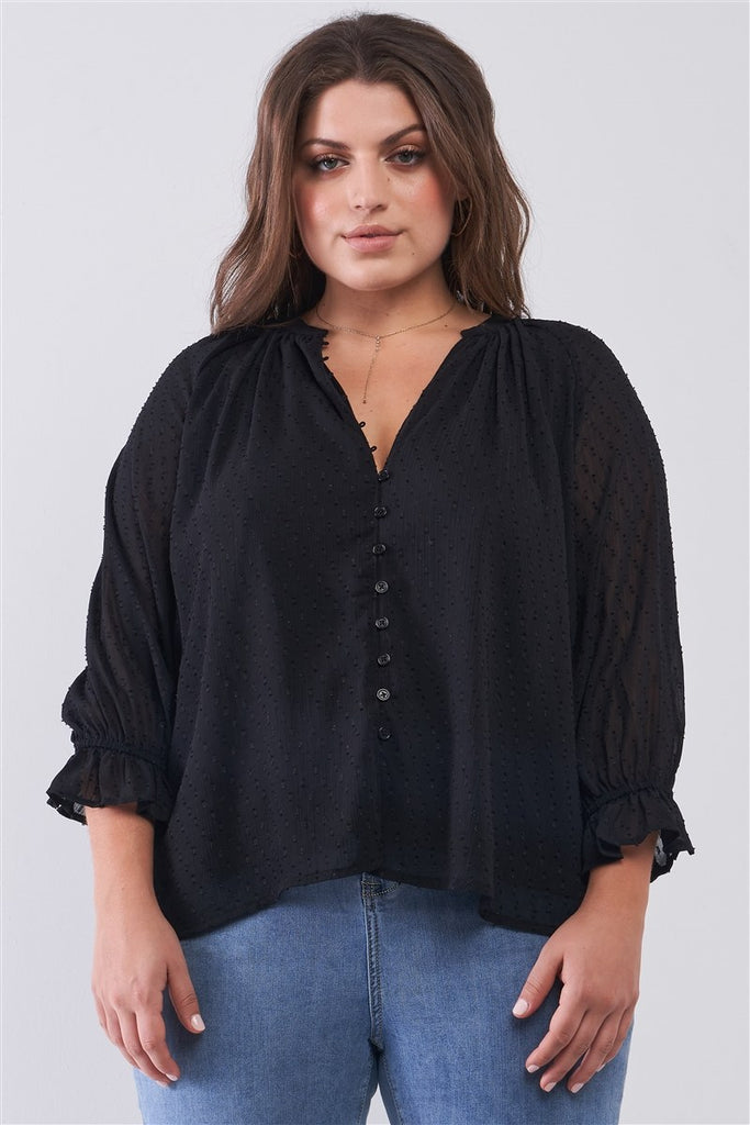 Plus Black Dotted Swiss V-neck Button Down Balloon Midi Sleeve With Elasticated Cuff Loose Fit Top - Deals Kiosk