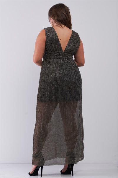 Plus Black & Gold V-neck Sleeveless Pleated Fabric Maxi Dress - Deals Kiosk