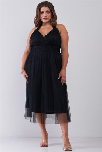 Plus Halter Neck Sleeveless Mesh High-waisted Midi Dress - Deals Kiosk