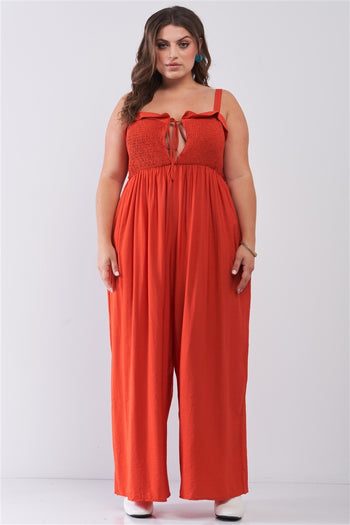 Plus Red Sleeveless Smocked Self-tie Neckline High-waisted Very Wide Leg Jumpsuit - Deals Kiosk