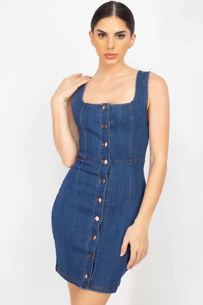 Denim Button-front Mini Dress - Deals Kiosk