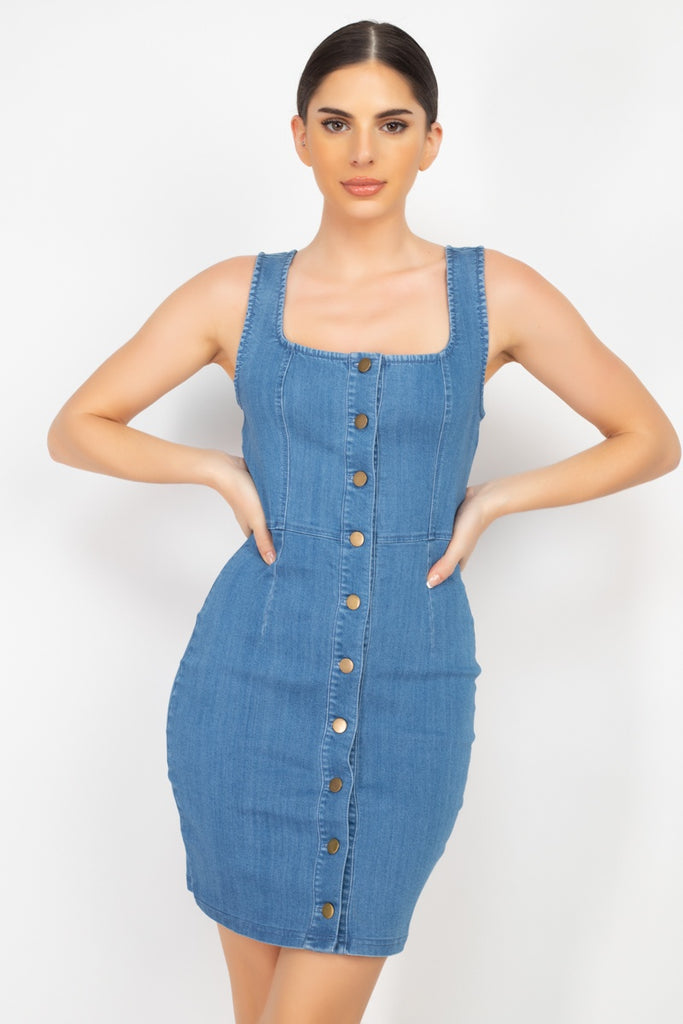 Denim Button-front Mini Dress - Deals Kiosk