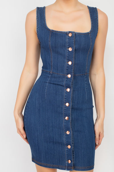 Denim Button-front Mini Dress - Deals Kiosk