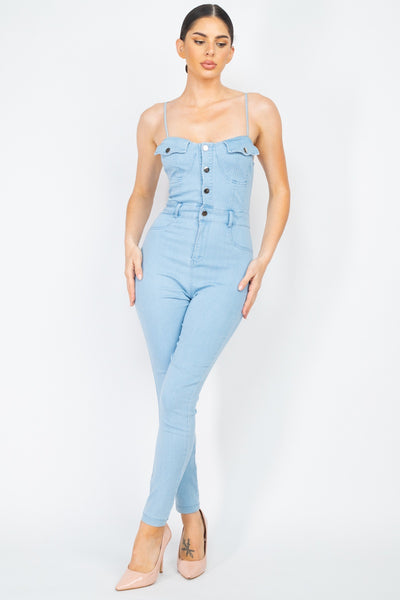 Adjustable Button-down Denim Jumpsuit - Deals Kiosk