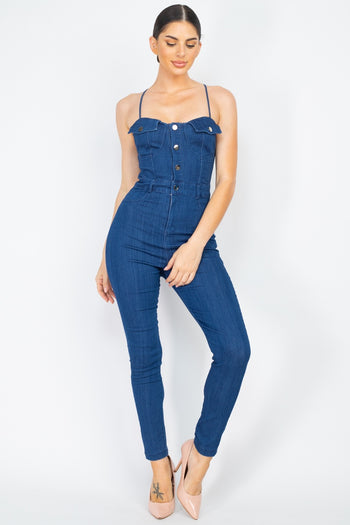 Adjustable Button-down Denim Jumpsuit - Deals Kiosk