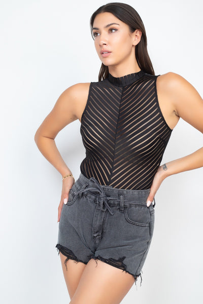 Stripe Mesh Mock Neck Bodysuit - Deals Kiosk